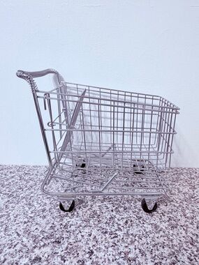 Small Replica of Silver Metal Grocery Shopping Cart Rolling Wire Basket